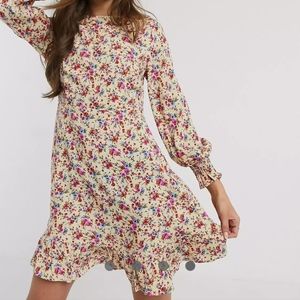 Asos Petite shirred cuff mini dress in yellow pattern